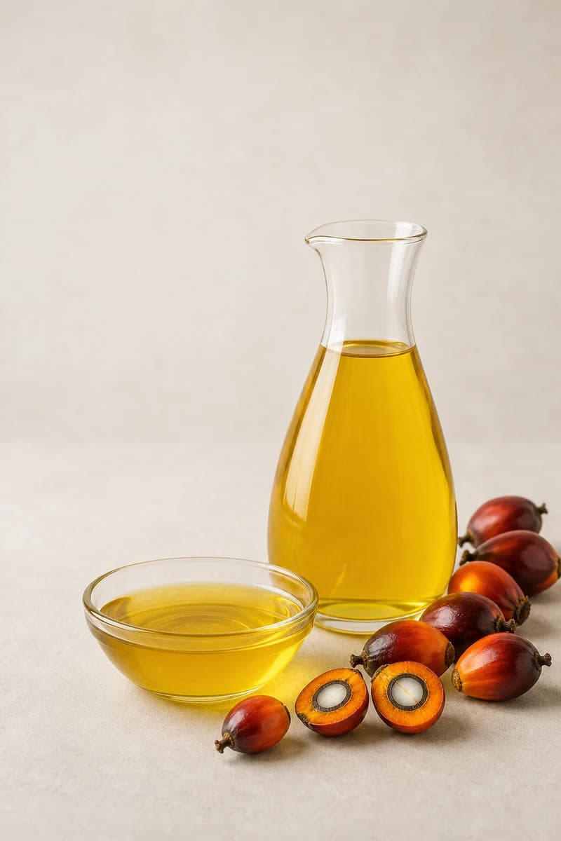 Clear golden liquid palm olein presented as a commercial sample