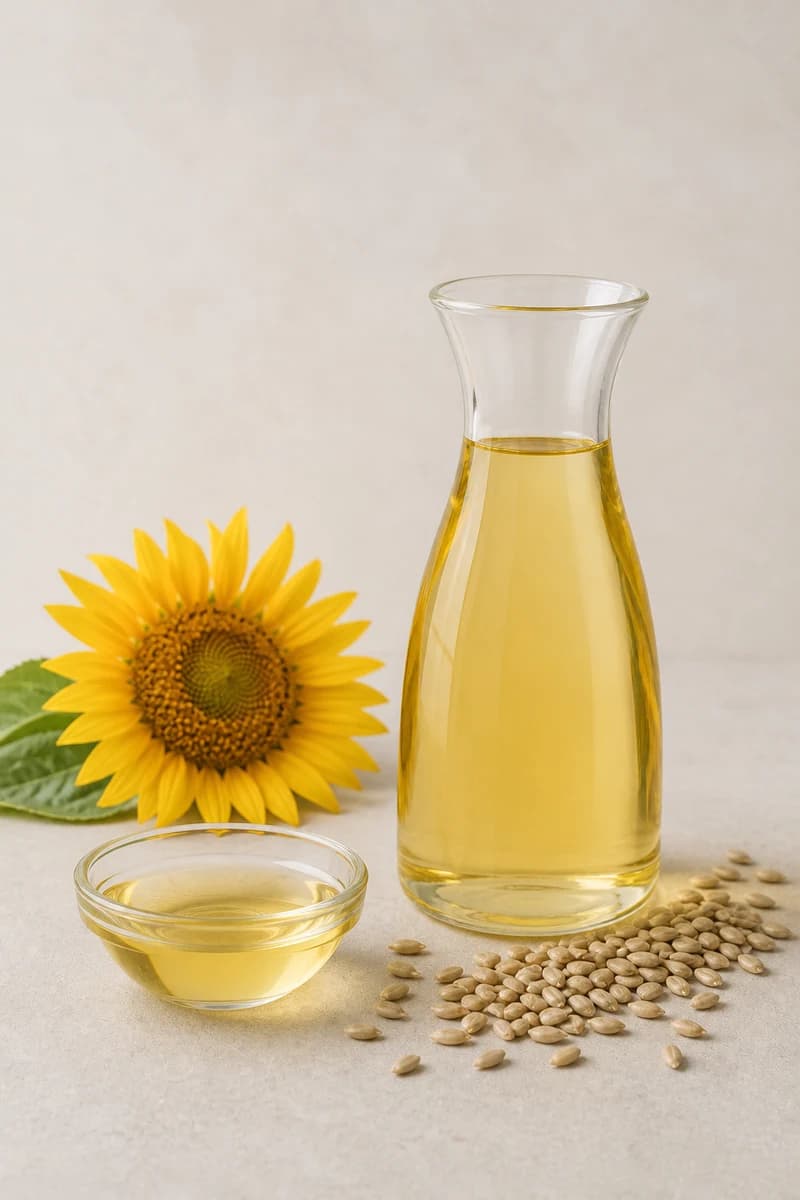 Pale golden sunflower oil with sunflower seeds presented as a commercial sample