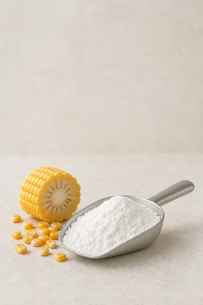 Fine white corn starch with maize kernels and a cut corn cob