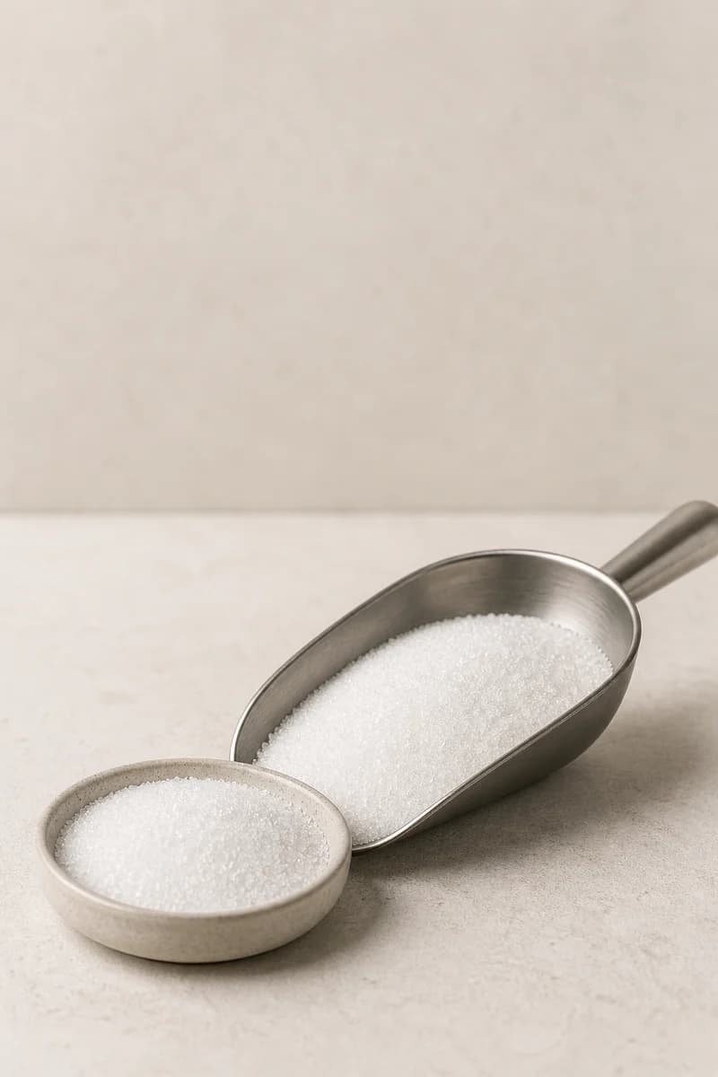 Fine white crystalline fructose presented in a stainless scoop and neutral sample dish