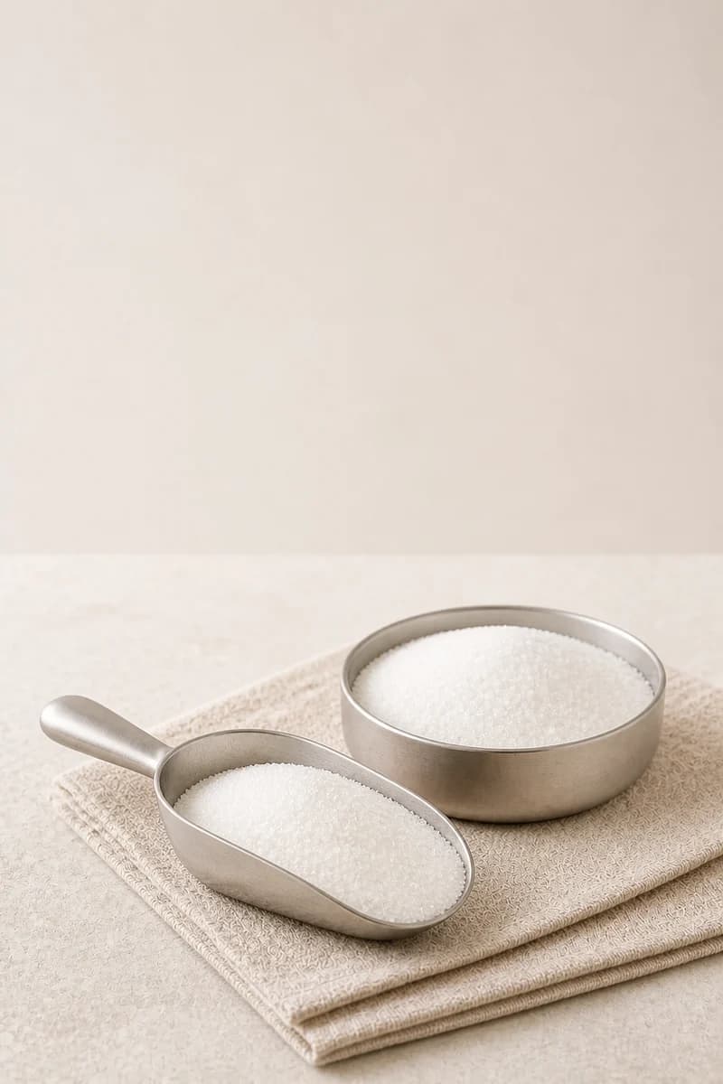 White crystalline erythritol in a clean commercial sample vessel