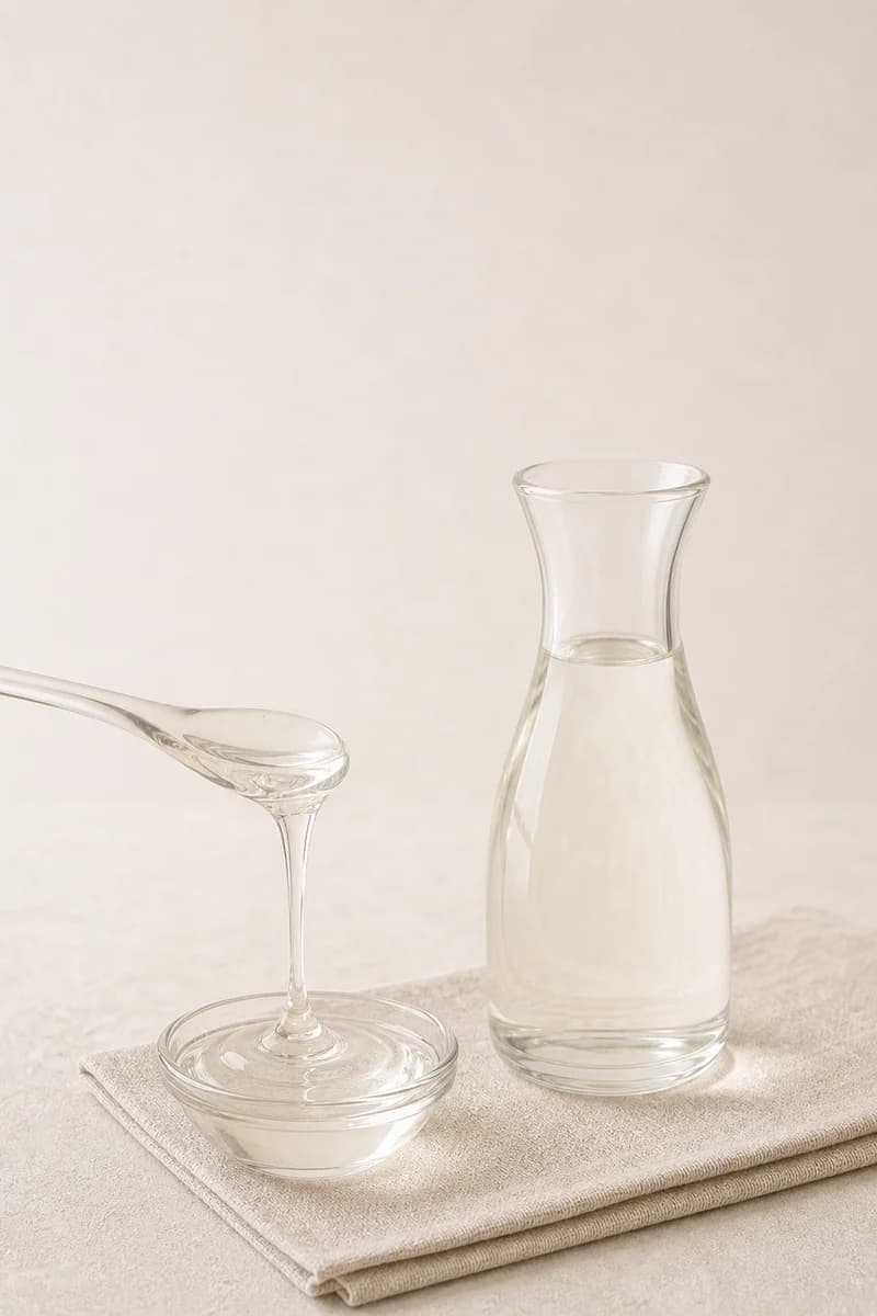 Clear pale fructose syrup in a laboratory-style glass vessel
