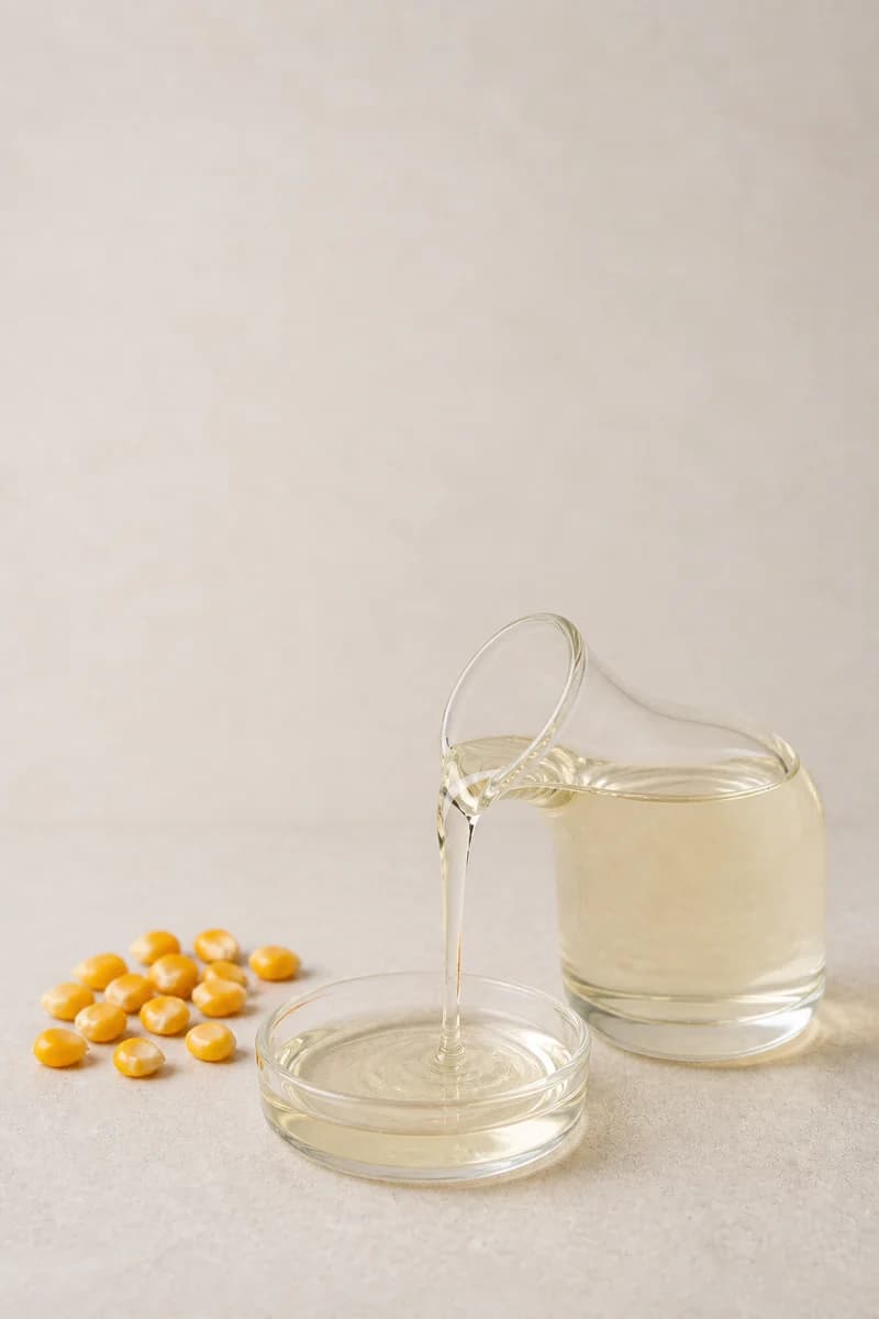 Clear amber glucose syrup in a laboratory-style glass vessel