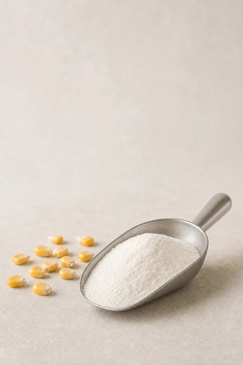 Fine white maltodextrin powder in a clean commercial sample vessel