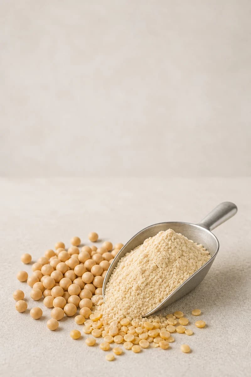 Cream-coloured pea protein powder with dry yellow peas and split peas