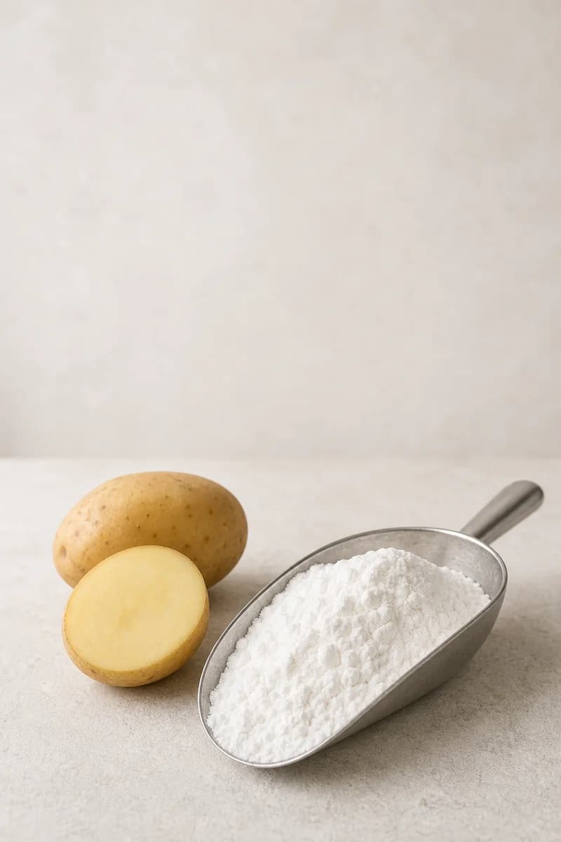 Fine white potato starch with whole and cut potatoes