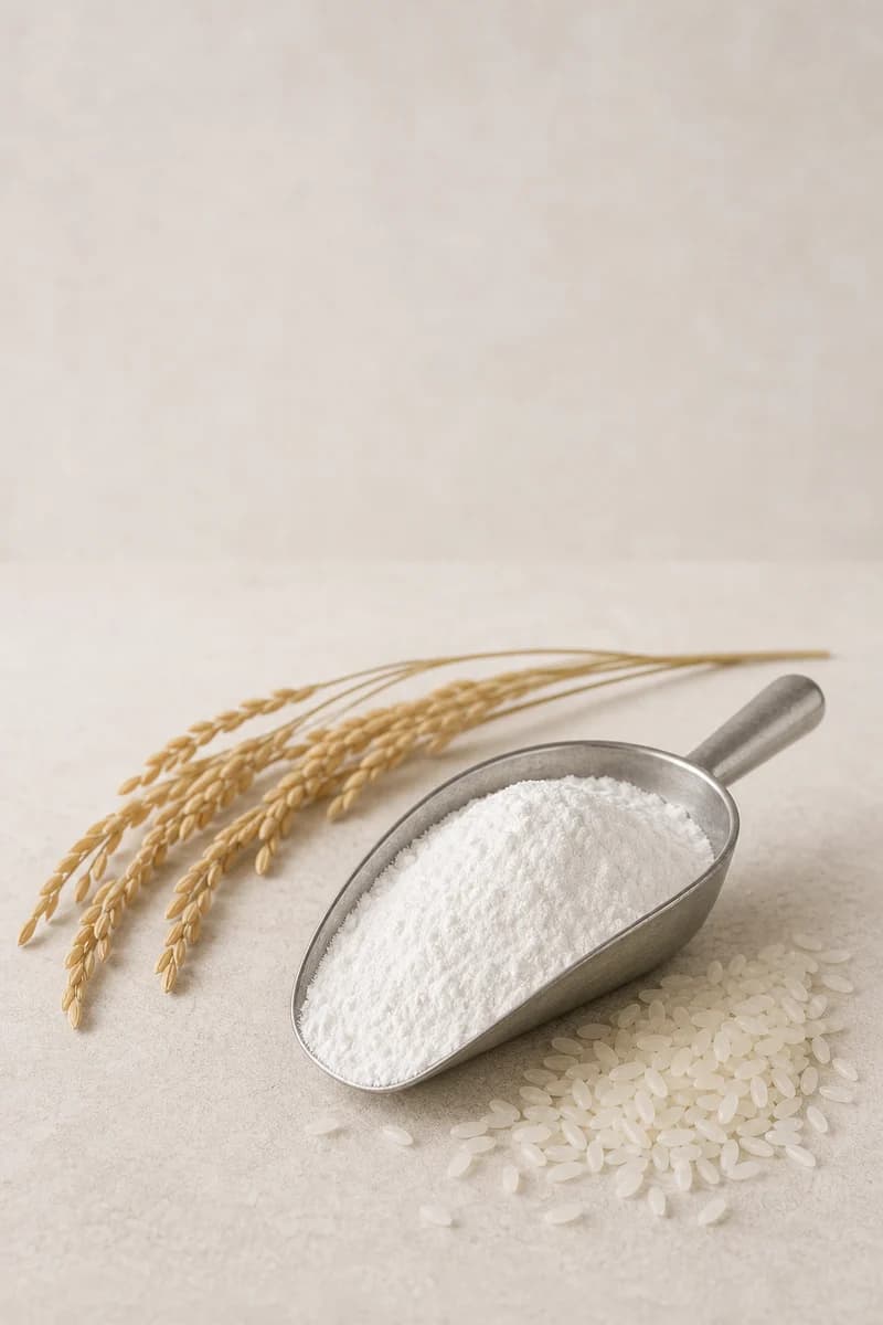 Fine white rice starch with polished rice grains and a rice panicle