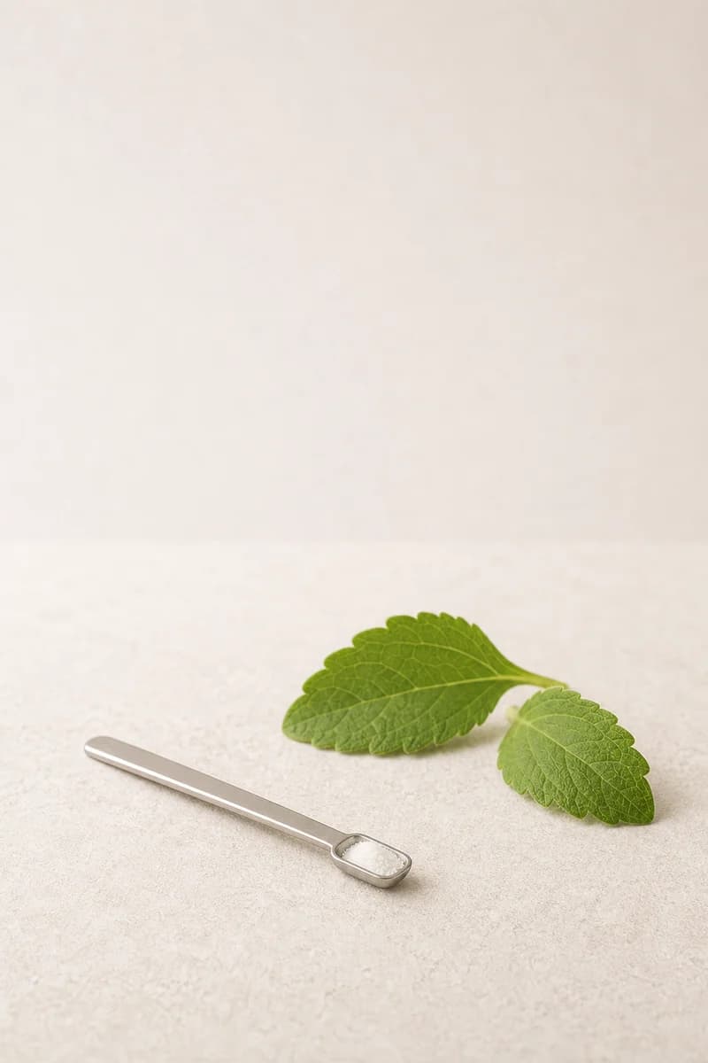Fine white stevia sweetener powder with restrained green stevia leaves