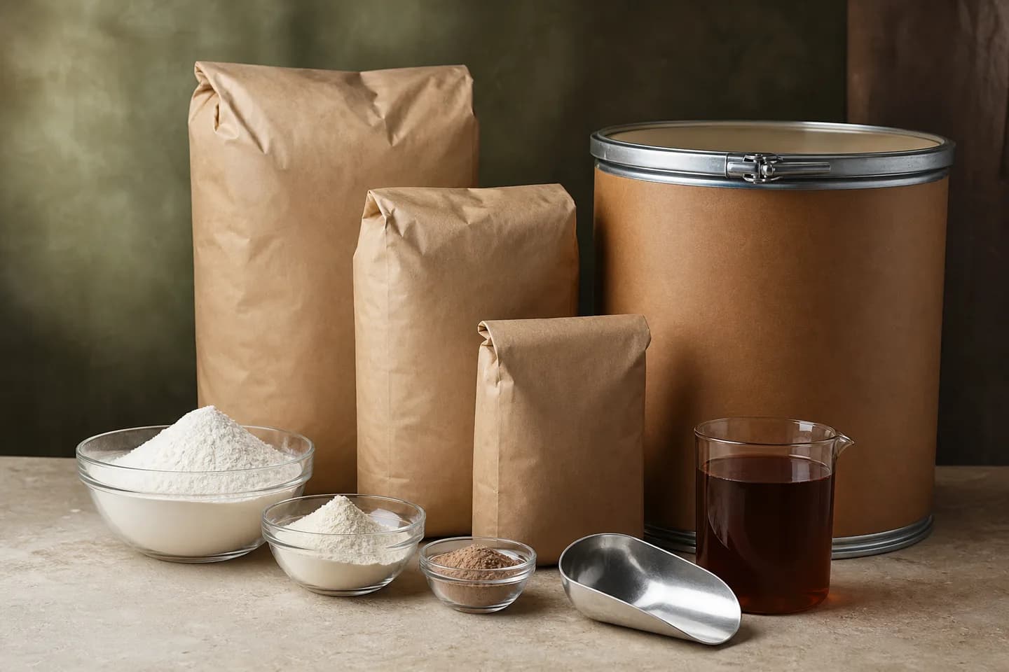 Industrial ingredient formats presented with unbranded bags, drums and samples