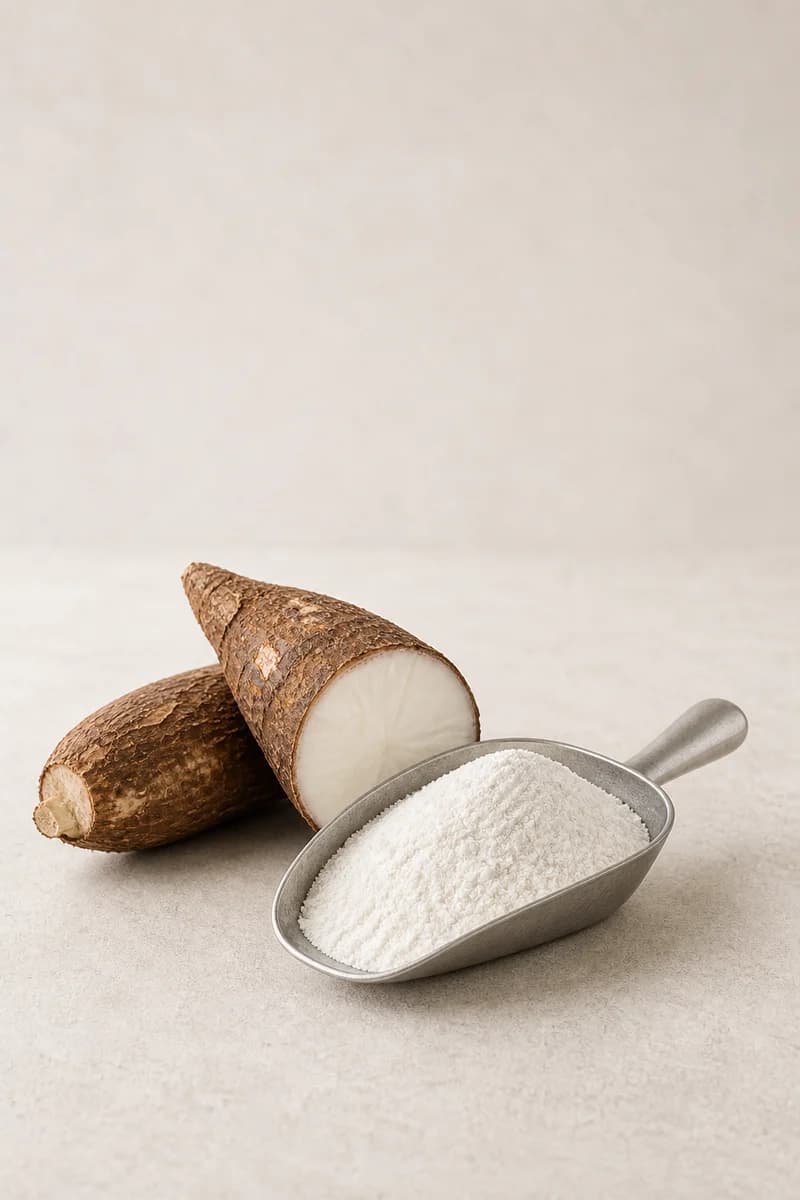 Fine white tapioca starch with fresh cassava roots