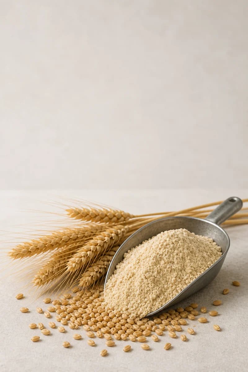 Warm beige vital wheat gluten powder with wheat ears