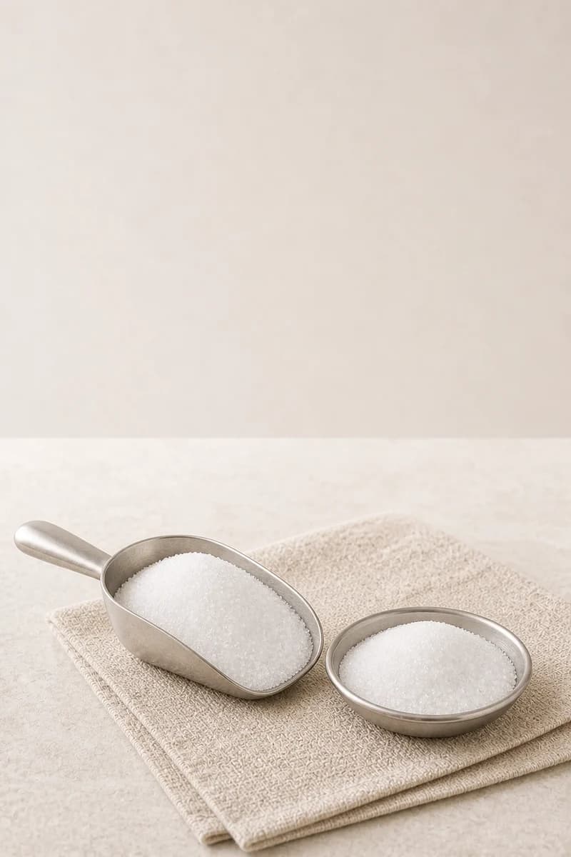White crystalline xylitol in a clean commercial sample vessel