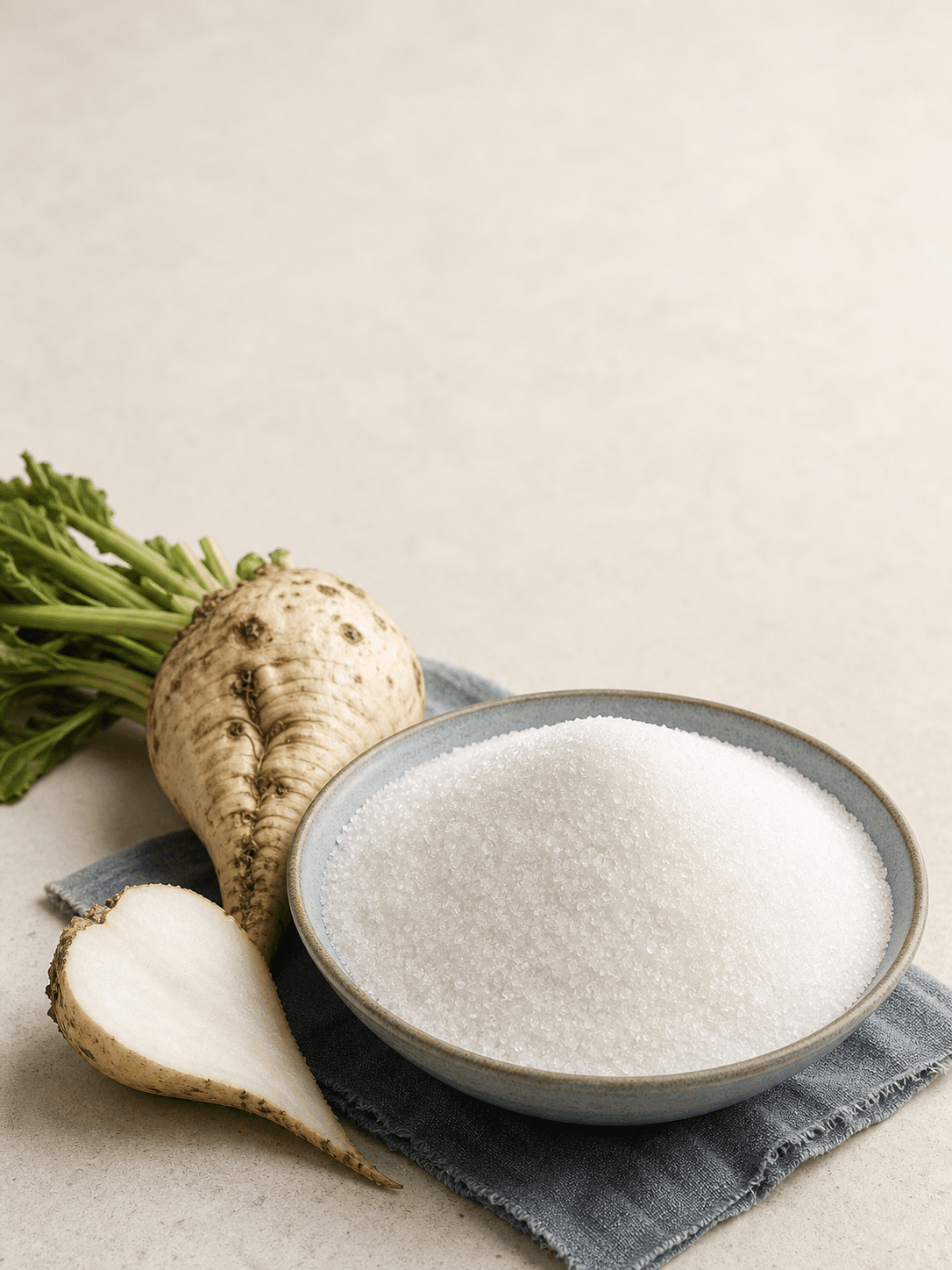 White beet sugar crystals with whole and sliced sugar beet