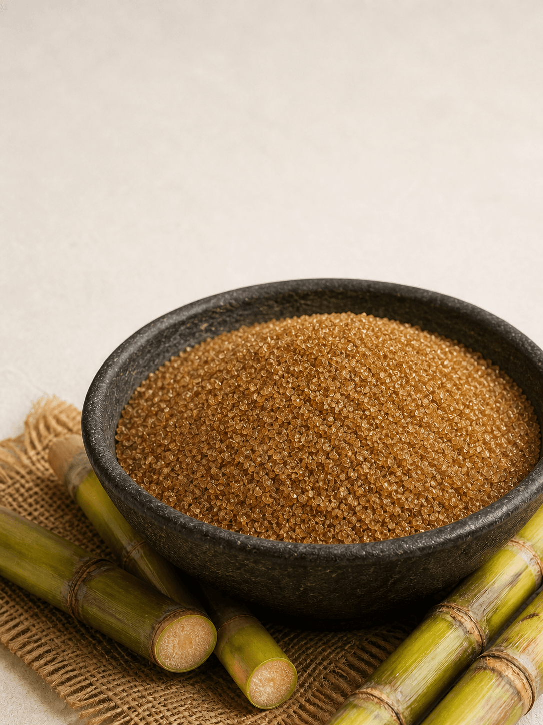 Dark amber VHP raw cane sugar crystals with cut sugar cane