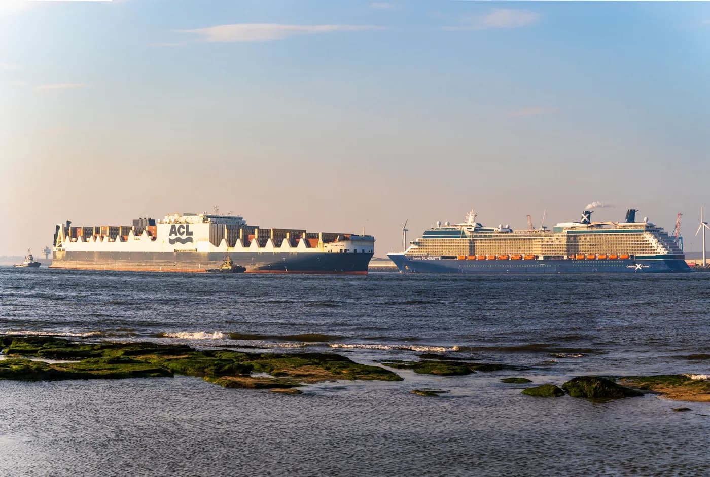Commercial vessels on the River Mersey near Liverpool