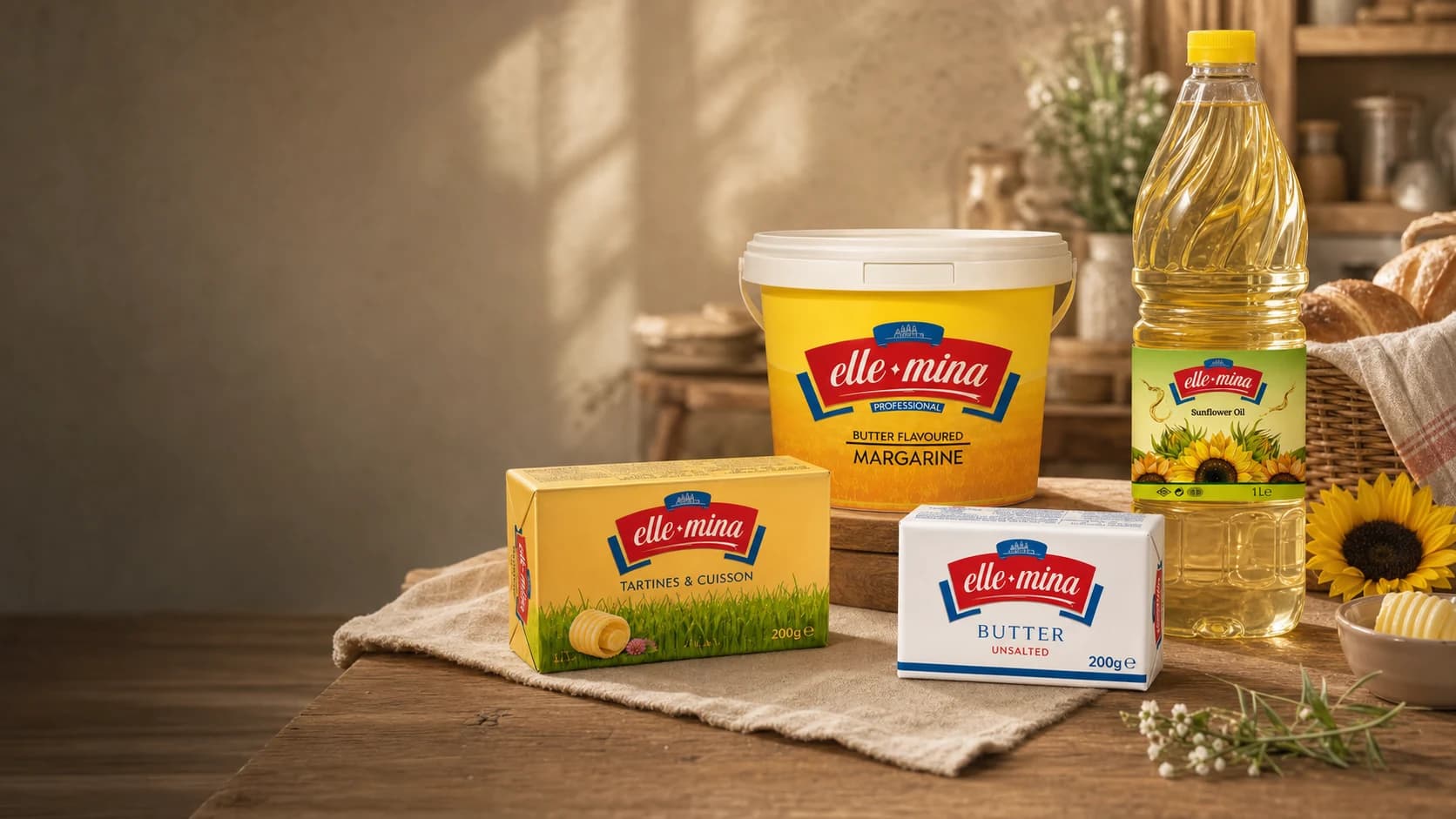 Elle Mina consumer margarine, professional margarine, butter and sunflower oil product family