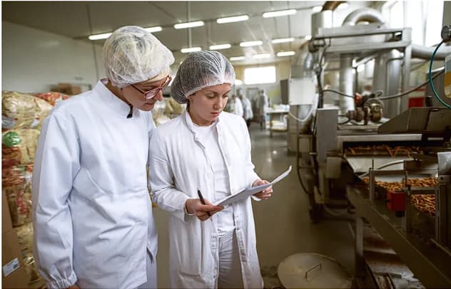 Quality control professionals reviewing production in a food processing facility