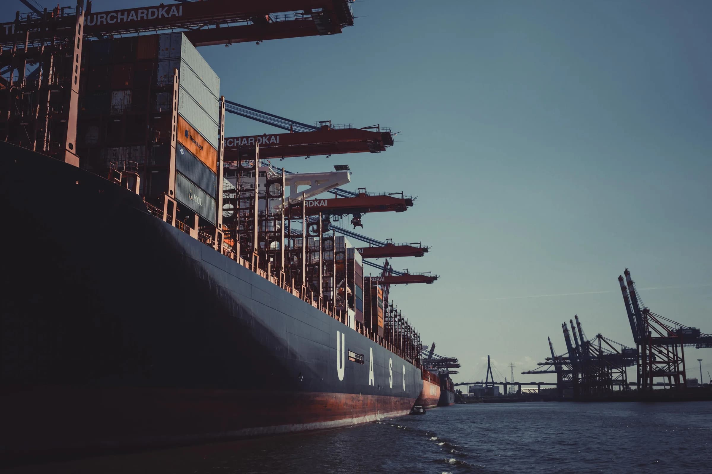 Container ship and gantry cranes at an international cargo port