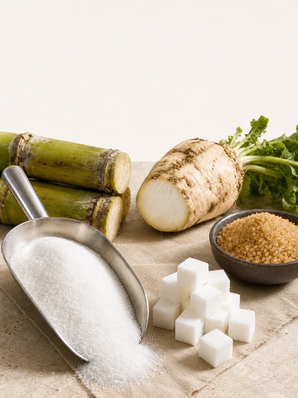 Sugar samples and commercial sacks prepared for sourcing review