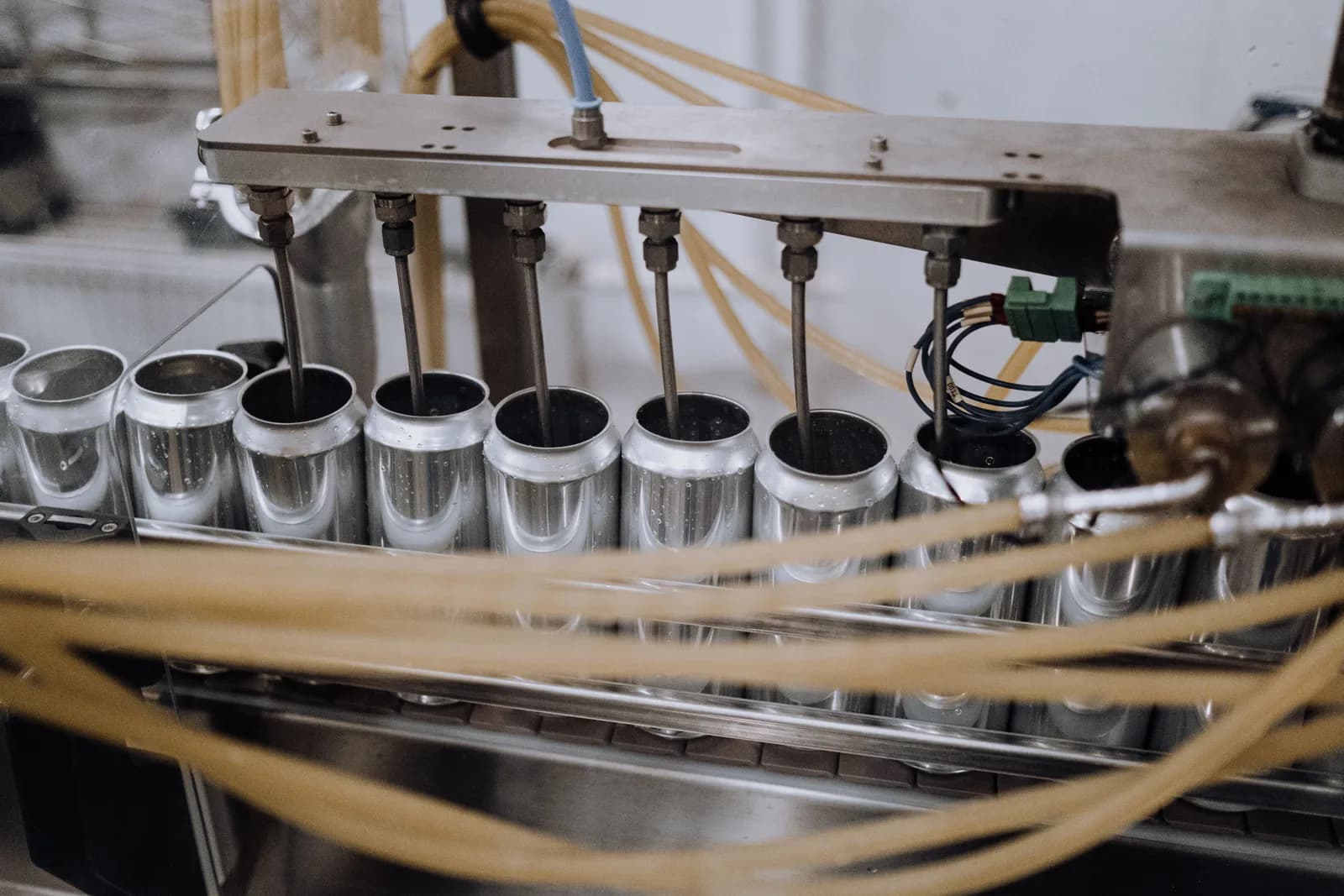 Unlabelled metal cans moving along an automated production line