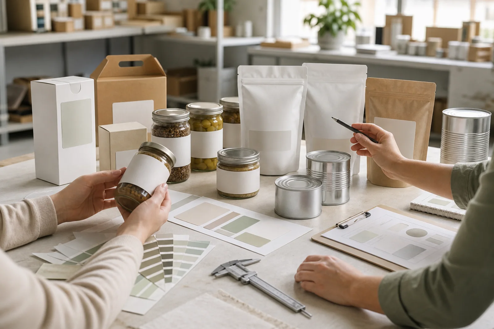 Unbranded jars, cans, pouches and cartons under packaging design review