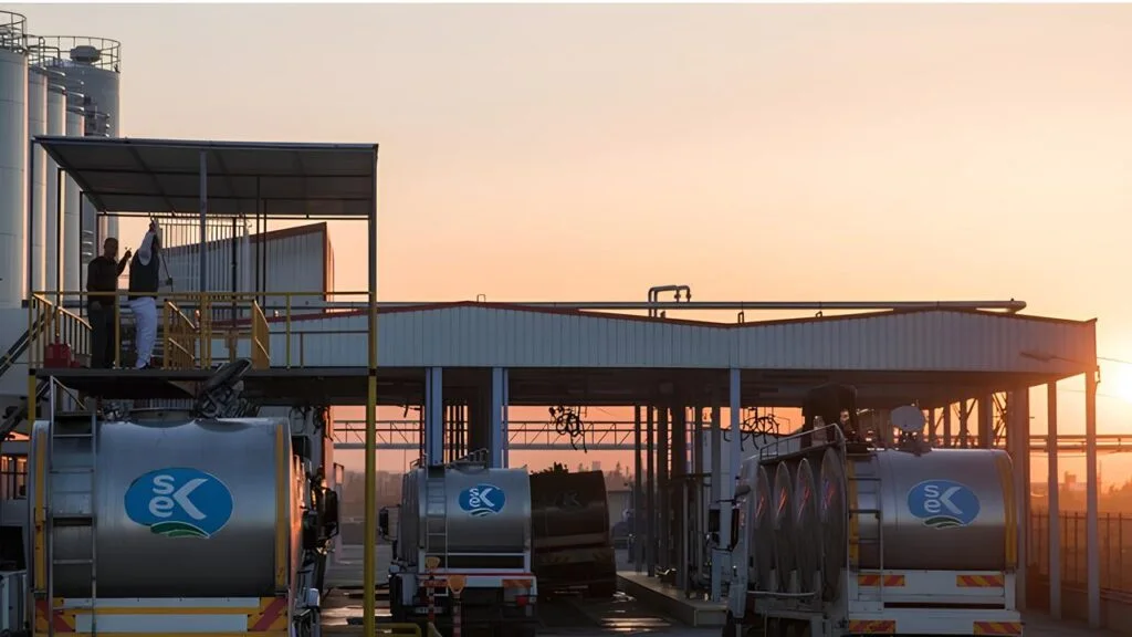 Milk tankers unloading at a dairy processing facility in Türkiye