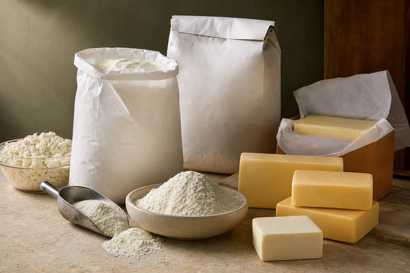 Dairy powders, butter and cheese representing product identity and composition