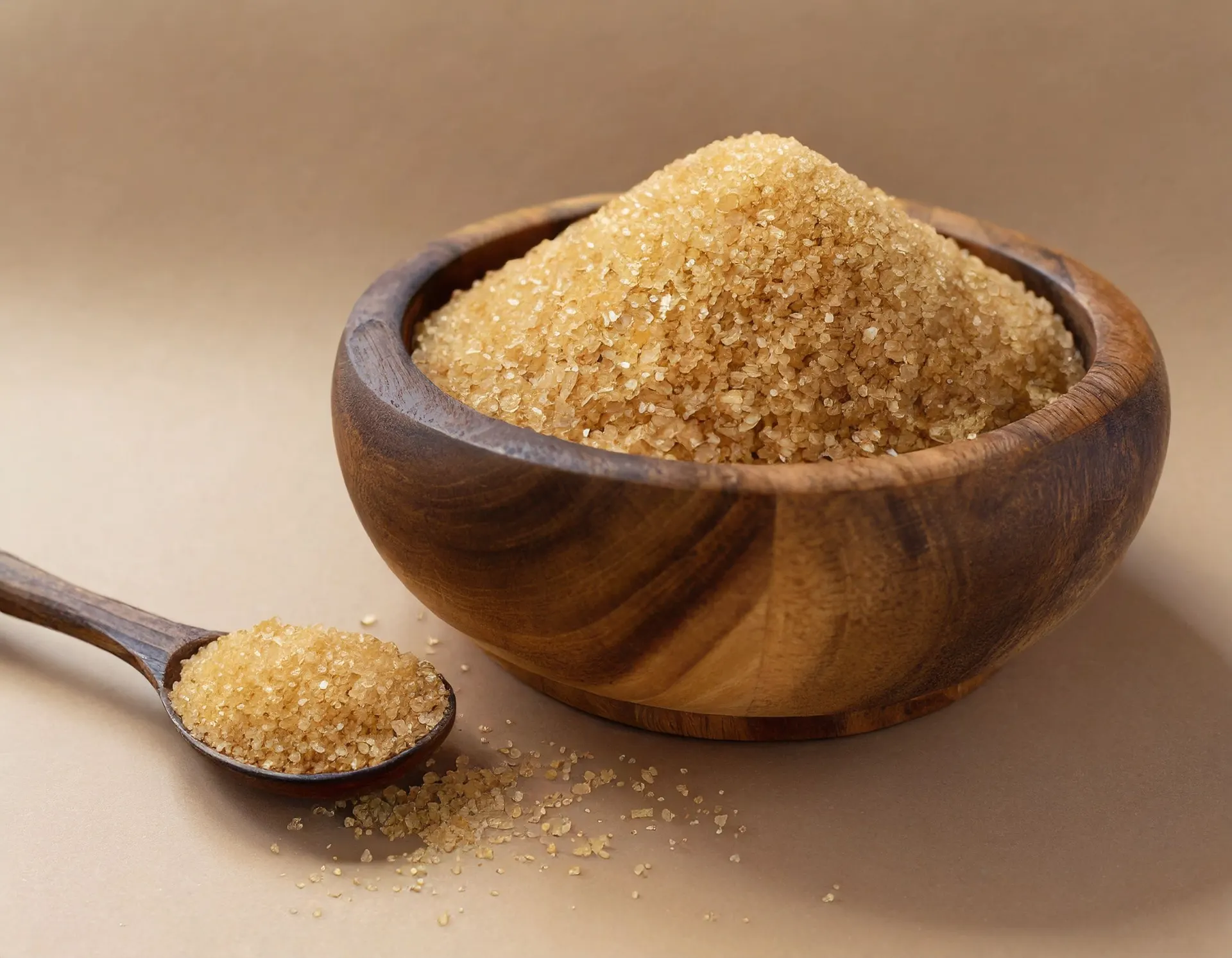 Amber raw cane sugar crystals in a bowl
