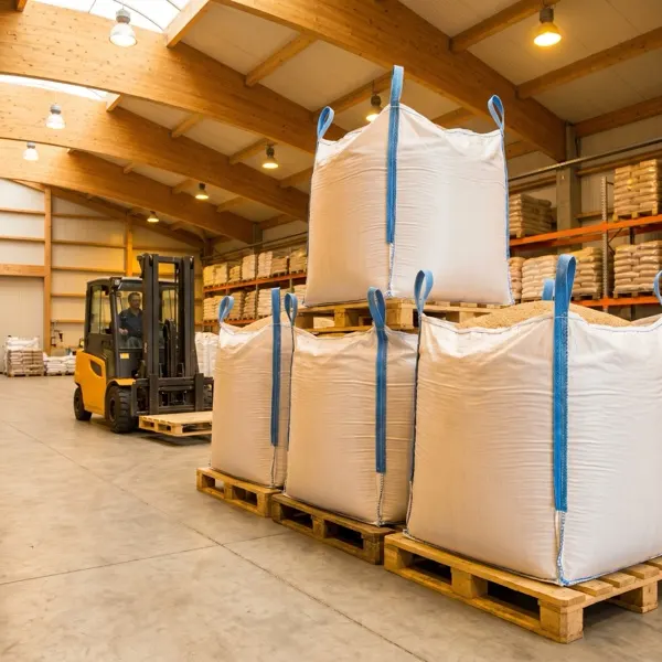 Industrial sugar stored in big bags inside a warehouse